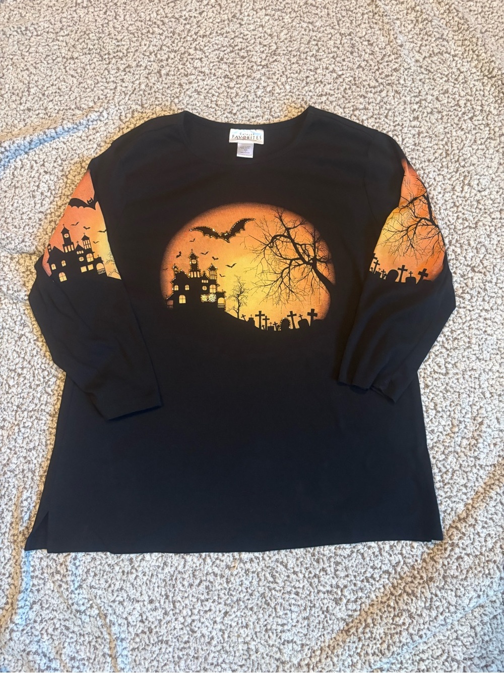 Black Long Sleeve Halloween Graphic Tee with Orange Moon Scene